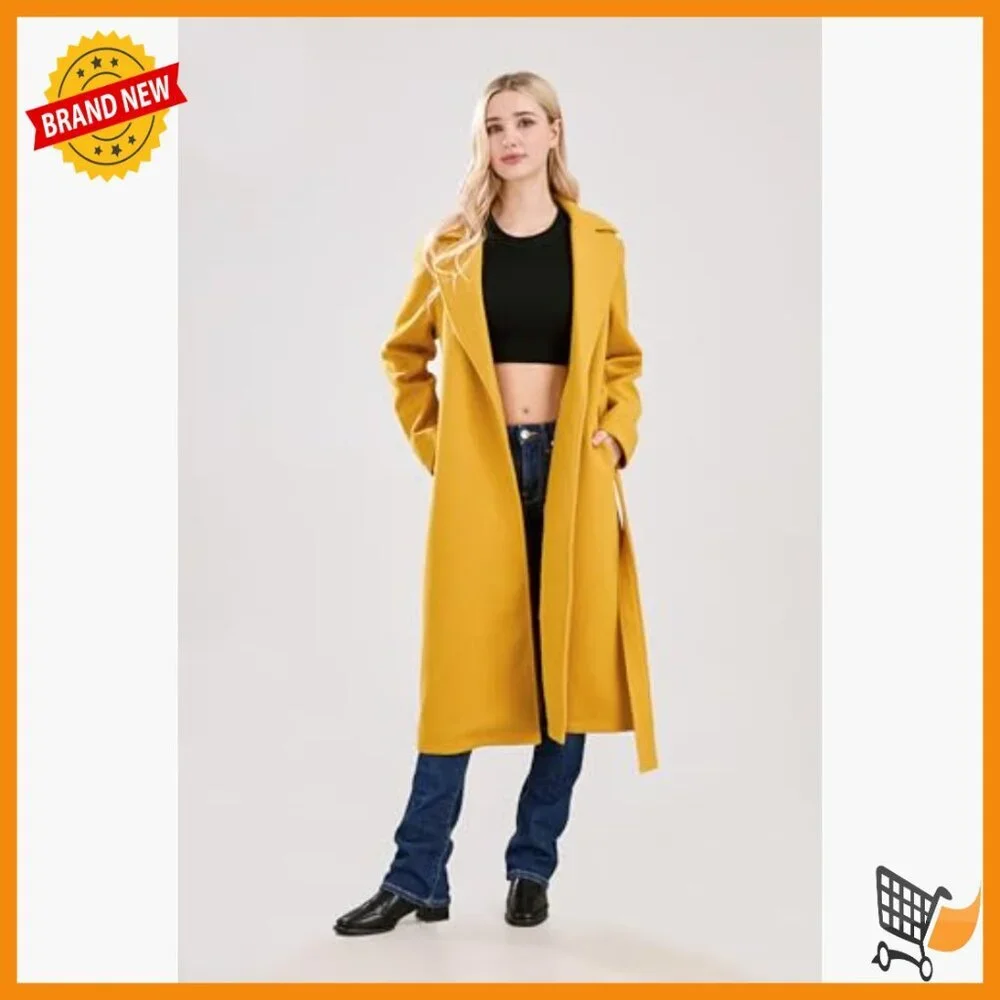 Long Wool Blend Pea Coat with Belt, Notched Collar, Open Front Trench Style